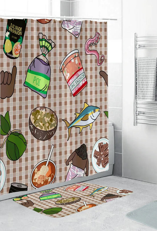 Shower curtain + Bath mat- Fish & poi